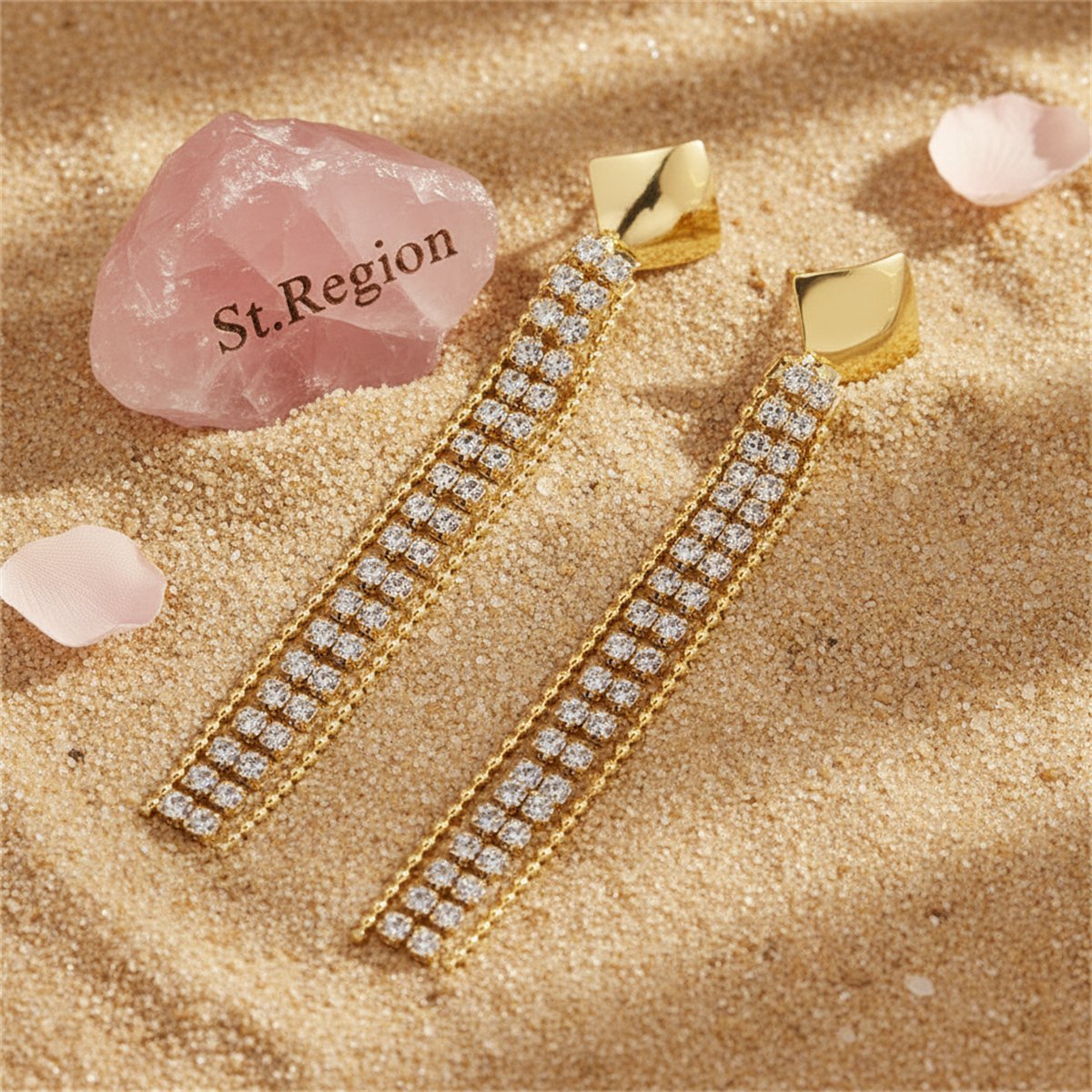 Cubic Zirconia and 18K Gold-Plated Square Tassel Drop Earrings, gold drop earrings for women, detail close-up