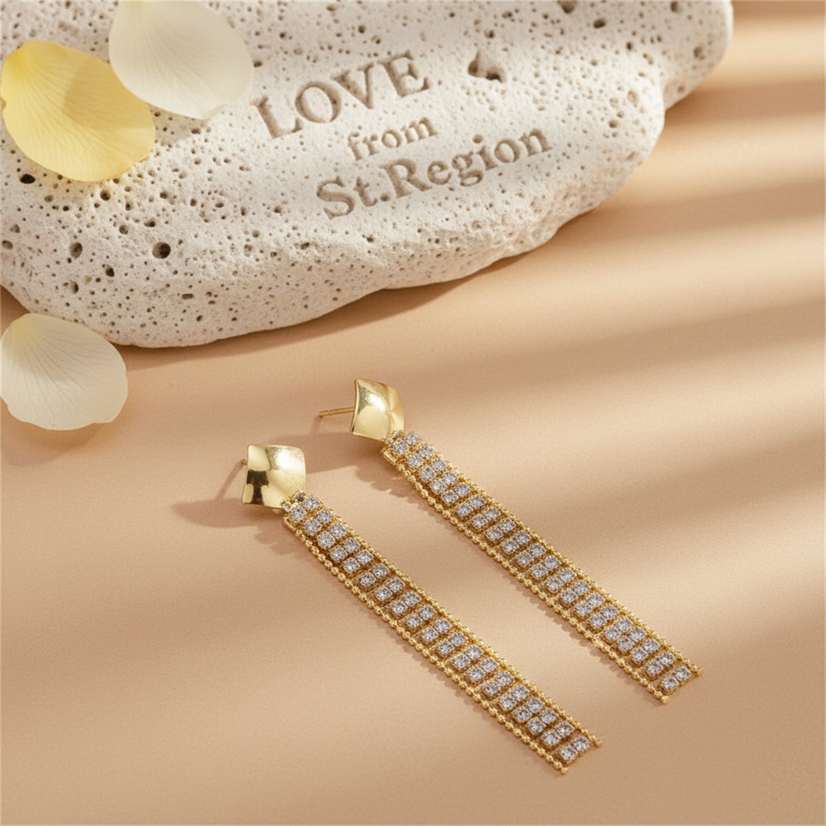 Cubic Zirconia and 18K Gold-Plated Square Tassel Drop Earrings, gold drop earrings for women, lifestyle look