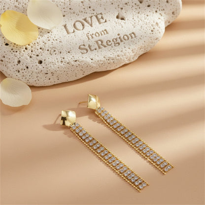 Cubic Zirconia and 18K Gold-Plated Square Tassel Drop Earrings, gold drop earrings for women, lifestyle look