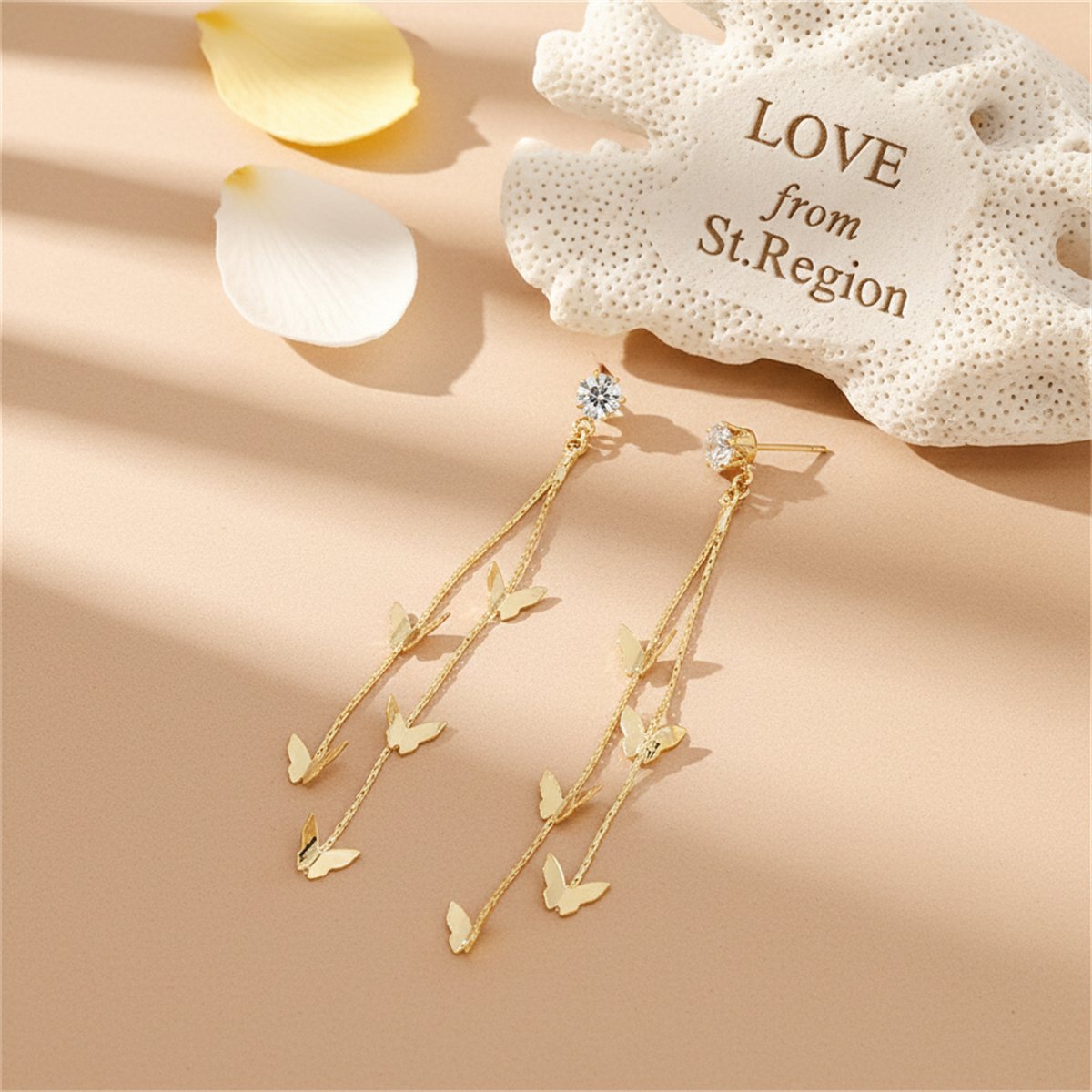 Cubic Zirconia and 18K Gold-Plated Butterfly Double-Strand Drop Earrings, gold drop earrings for women, lifestyle look