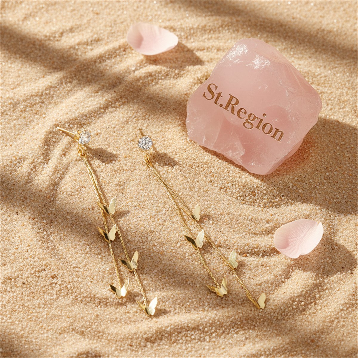 Cubic Zirconia and 18K Gold-Plated Butterfly Double-Strand Drop Earrings, gold drop earrings for women, detail close-up