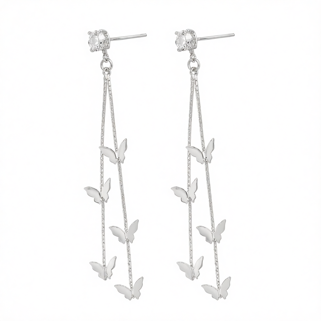 Cubic Zirconia & Silver-Plated Butterfly Double-Strand Drop Earrings