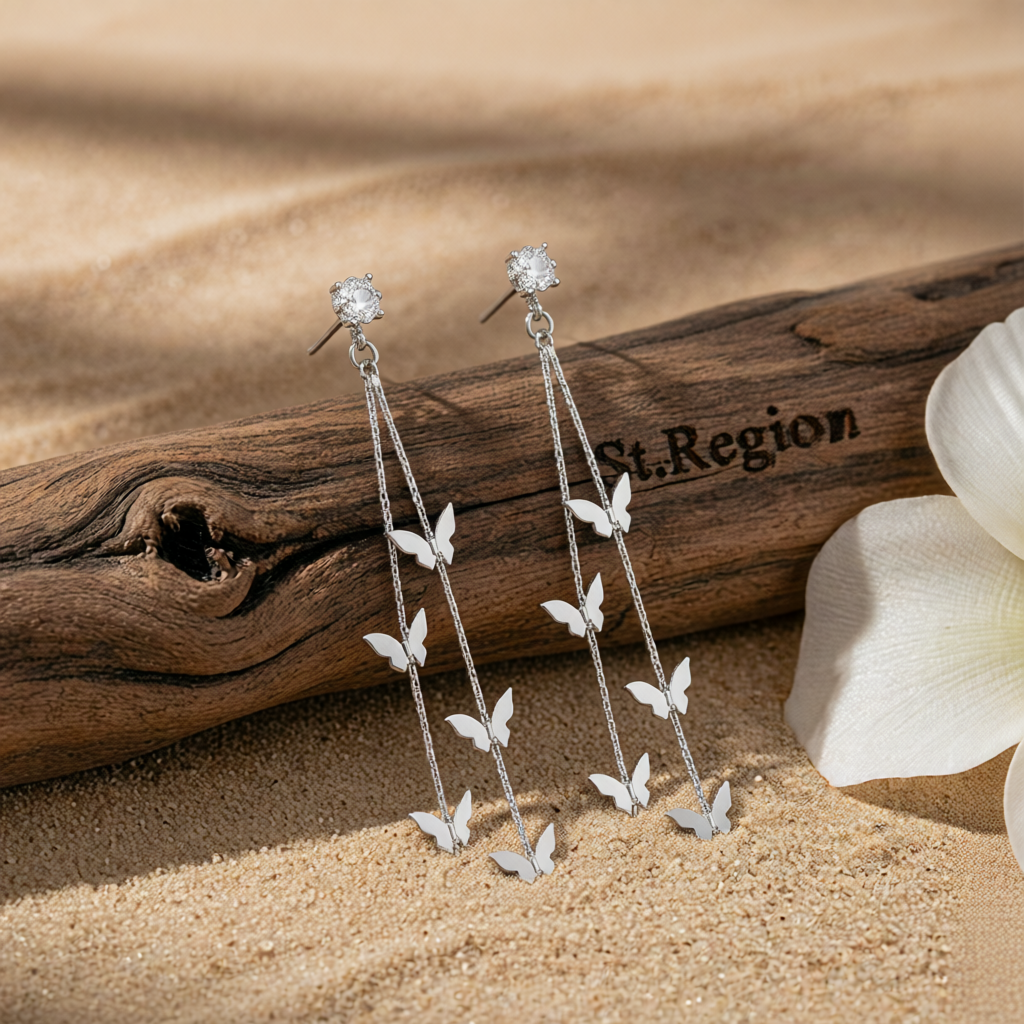 Cubic Zirconia & Silver-Plated Butterfly Double-Strand Drop Earrings