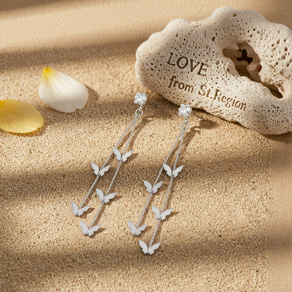Cubic Zirconia & Silver-Plated Butterfly Double-Strand Drop Earrings