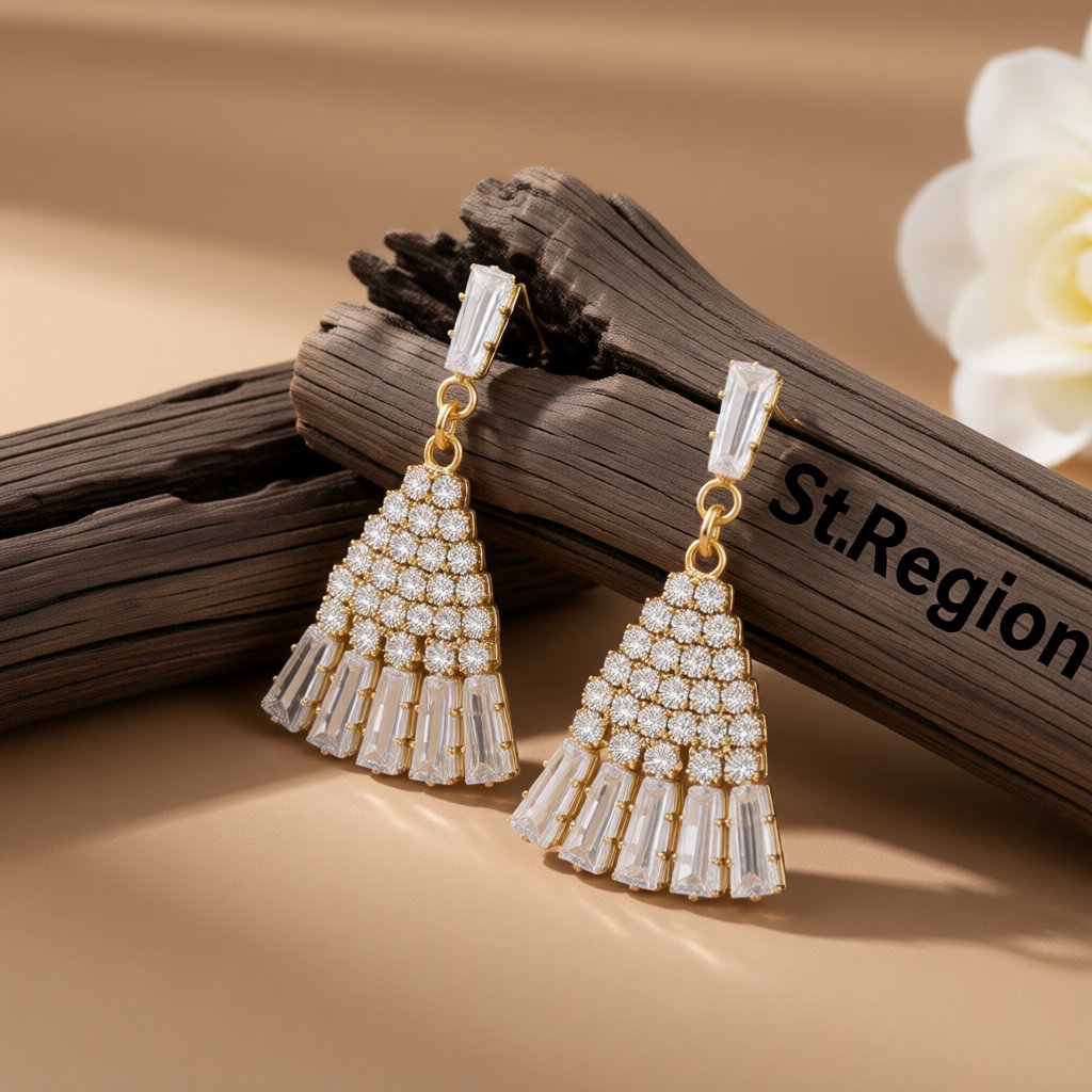 Cubic Zirconia and Crystal Skirt Drop Earrings, drop earrings for women, botanical inspired, front view