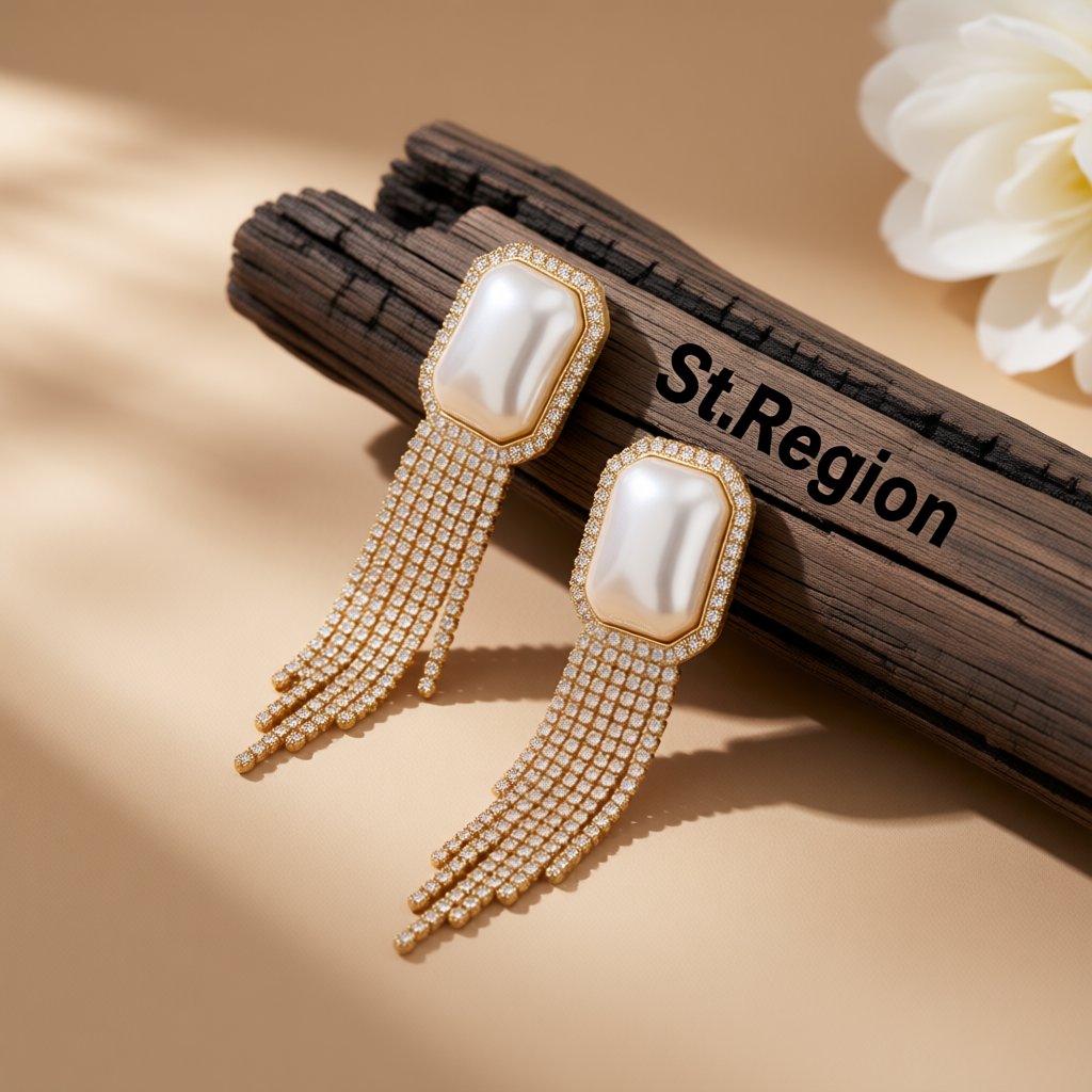 Pearl and Cubic Zirconia 18K Gold-Plated Rectangle Tassel Drop Earrings, gold drop earrings for women, front view