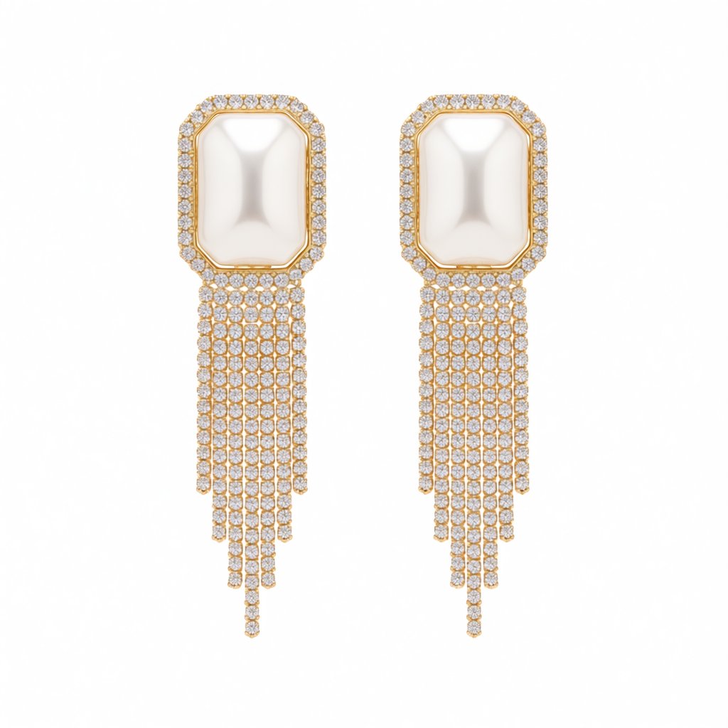 Pearl and Cubic Zirconia 18K Gold-Plated Rectangle Tassel Drop Earrings, gold drop earrings for women, side view