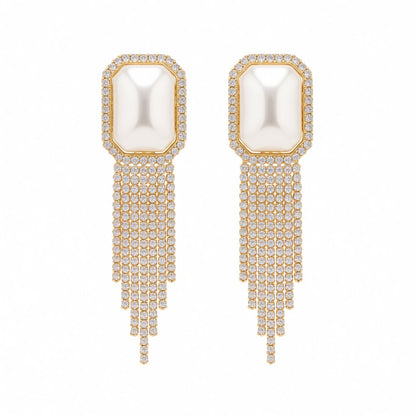Pearl and Cubic Zirconia 18K Gold-Plated Rectangle Tassel Drop Earrings, gold drop earrings for women, side view
