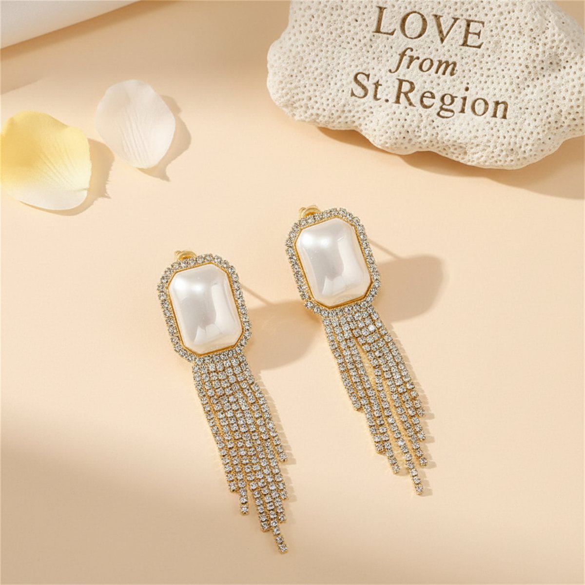 Pearl and Cubic Zirconia 18K Gold-Plated Rectangle Tassel Drop Earrings, gold drop earrings for women, lifestyle look