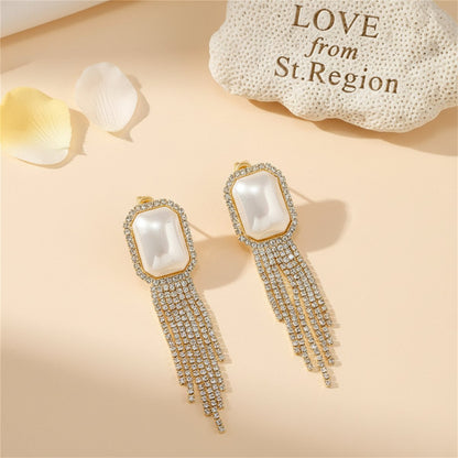 Pearl and Cubic Zirconia 18K Gold-Plated Rectangle Tassel Drop Earrings, gold drop earrings for women, lifestyle look