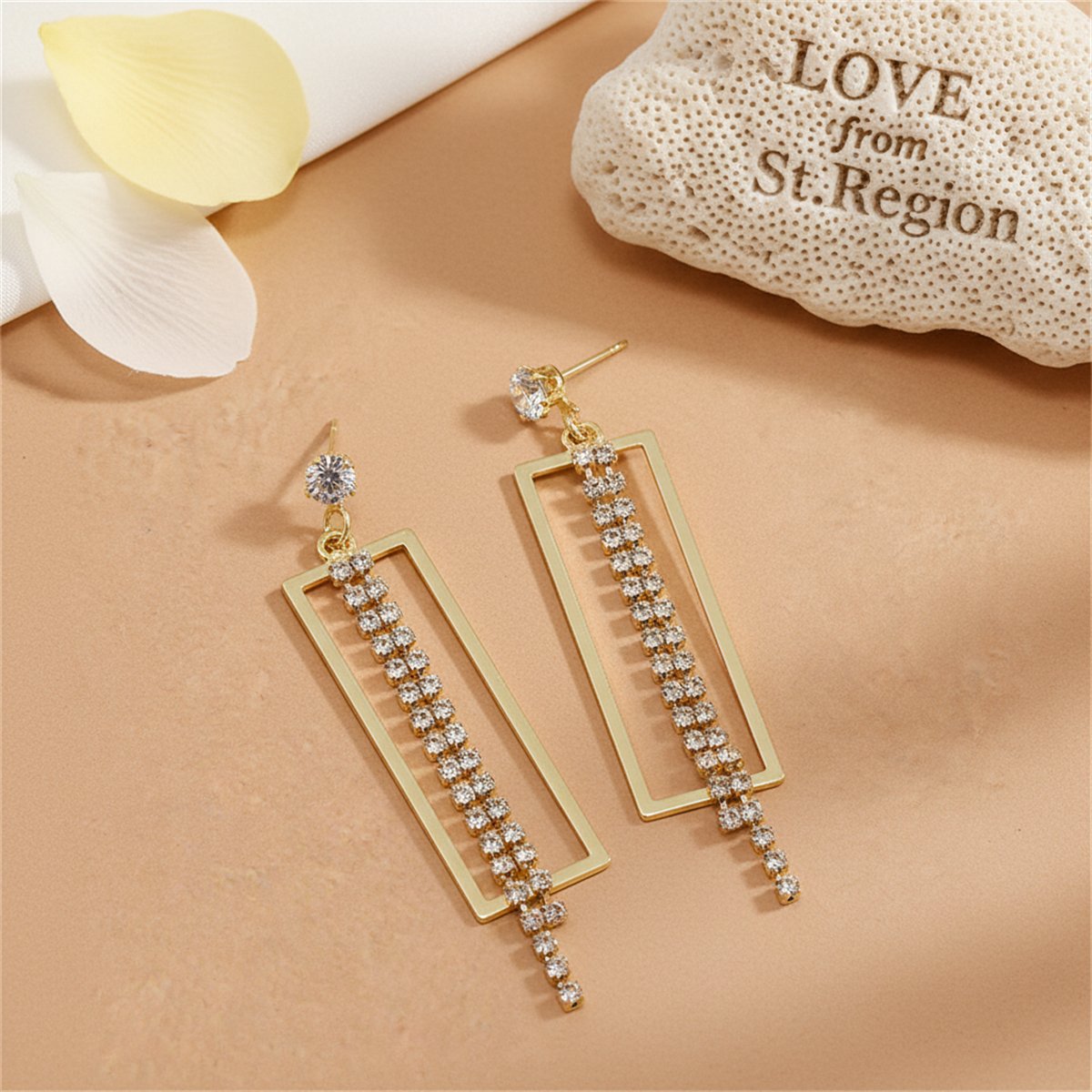 Cubic Zirconia and 18K Gold-Plated Open Rectangle Tassel Drop Earrings, gold drop earrings for women, lifestyle look
