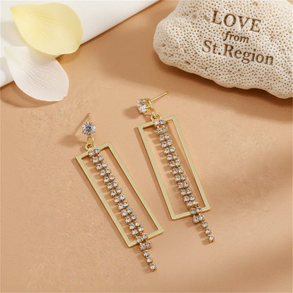 Cubic Zirconia and 18K Gold-Plated Open Rectangle Tassel Drop Earrings, gold drop earrings for women, lifestyle look