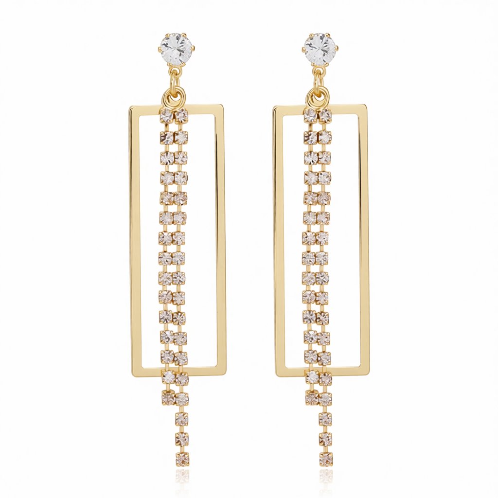 Cubic Zirconia and 18K Gold-Plated Open Rectangle Tassel Drop Earrings, gold drop earrings for women, side view