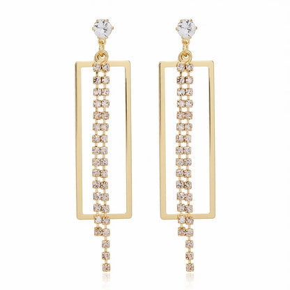Cubic Zirconia and 18K Gold-Plated Open Rectangle Tassel Drop Earrings, gold drop earrings for women, side view
