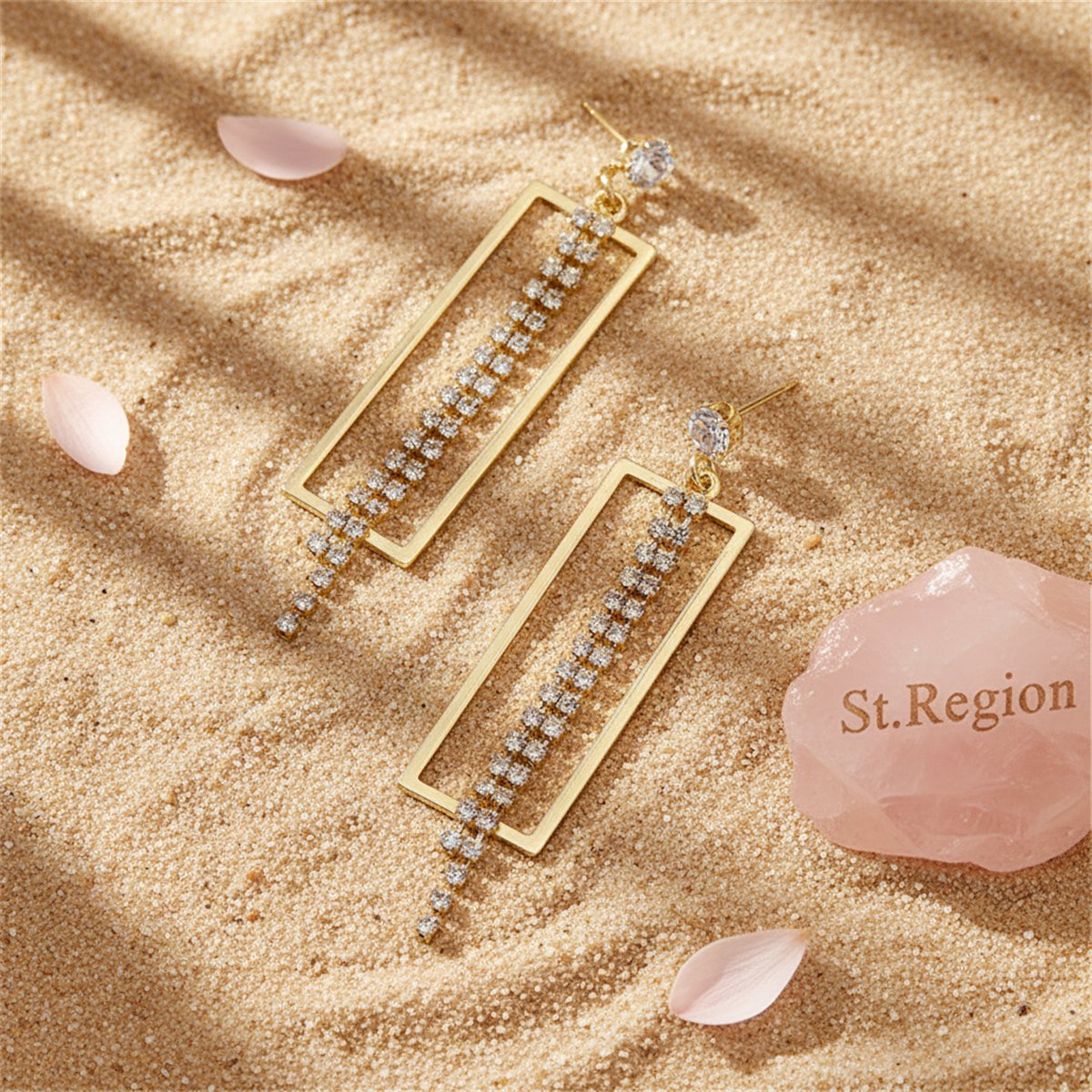 Cubic Zirconia and 18K Gold-Plated Open Rectangle Tassel Drop Earrings, gold drop earrings for women, detail close-up