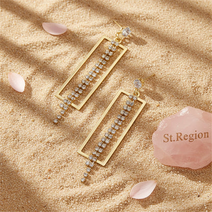 Cubic Zirconia and 18K Gold-Plated Open Rectangle Tassel Drop Earrings, gold drop earrings for women, detail close-up