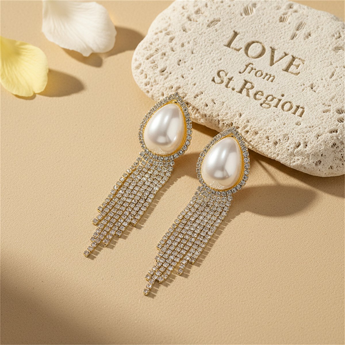 Pearl and Cubic Zirconia 18K Gold-Plated Teardrop Tassel Drop Earrings, gold drop earrings for women, lifestyle look