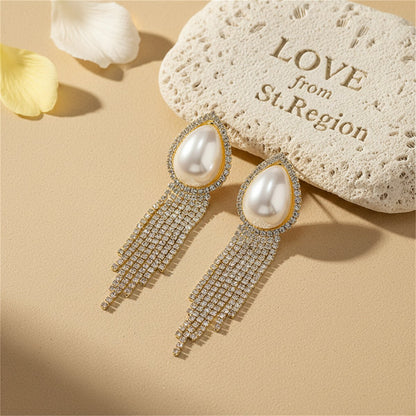 Pearl and Cubic Zirconia 18K Gold-Plated Teardrop Tassel Drop Earrings, gold drop earrings for women, lifestyle look