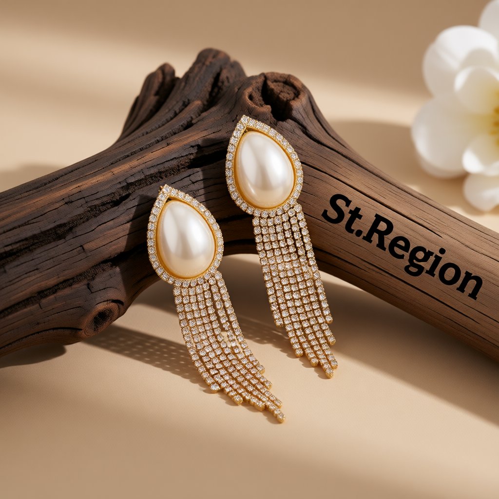 Pearl and Cubic Zirconia 18K Gold-Plated Teardrop Tassel Drop Earrings, gold drop earrings for women, front view