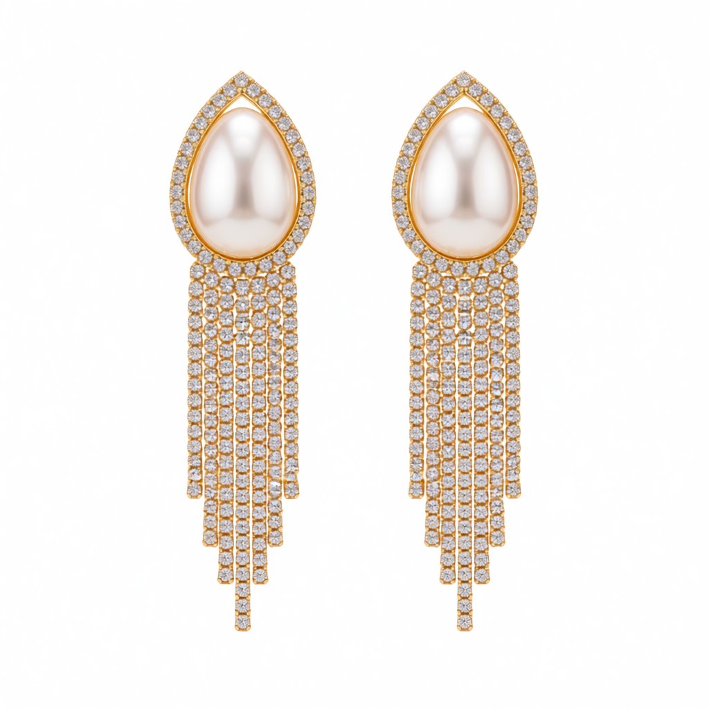Pearl and Cubic Zirconia 18K Gold-Plated Teardrop Tassel Drop Earrings, gold drop earrings for women, side view