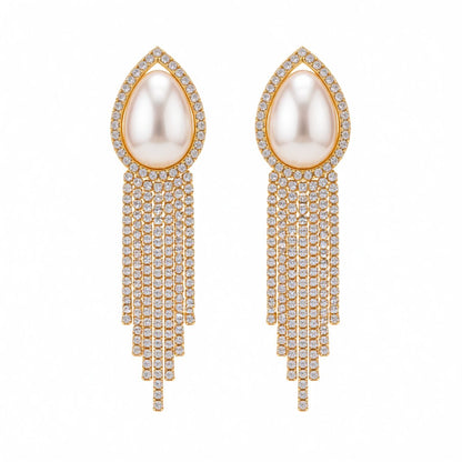 Pearl and Cubic Zirconia 18K Gold-Plated Teardrop Tassel Drop Earrings, gold drop earrings for women, side view