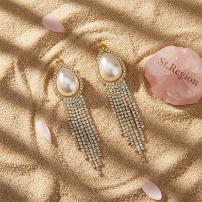 Pearl and Cubic Zirconia 18K Gold-Plated Teardrop Tassel Drop Earrings, gold drop earrings for women, detail close-up