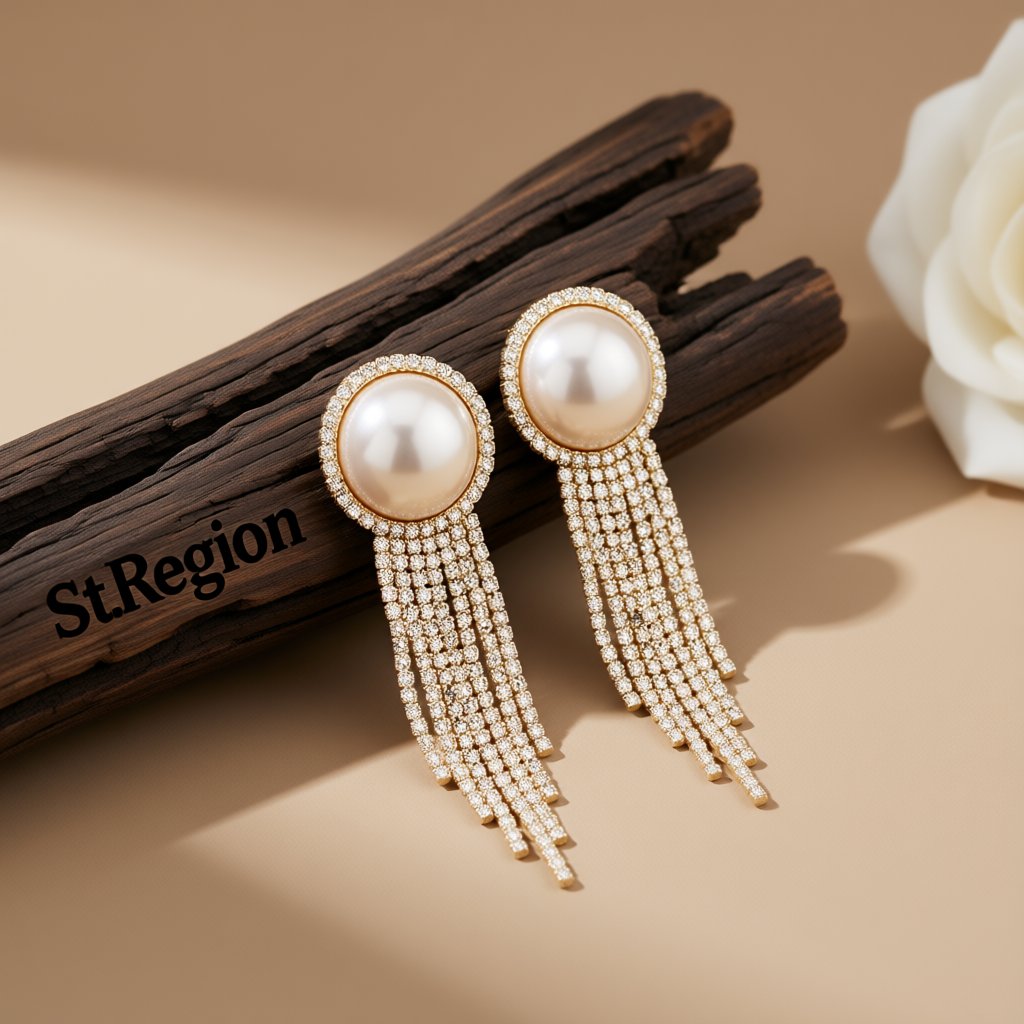 Pearl and Cubic Zirconia 18K Gold-Plated Round Tassel Drop Earrings, gold drop earrings for women, front view