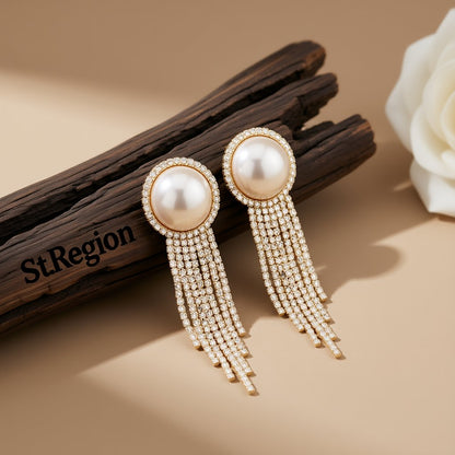 Pearl and Cubic Zirconia 18K Gold-Plated Round Tassel Drop Earrings, gold drop earrings for women, front view