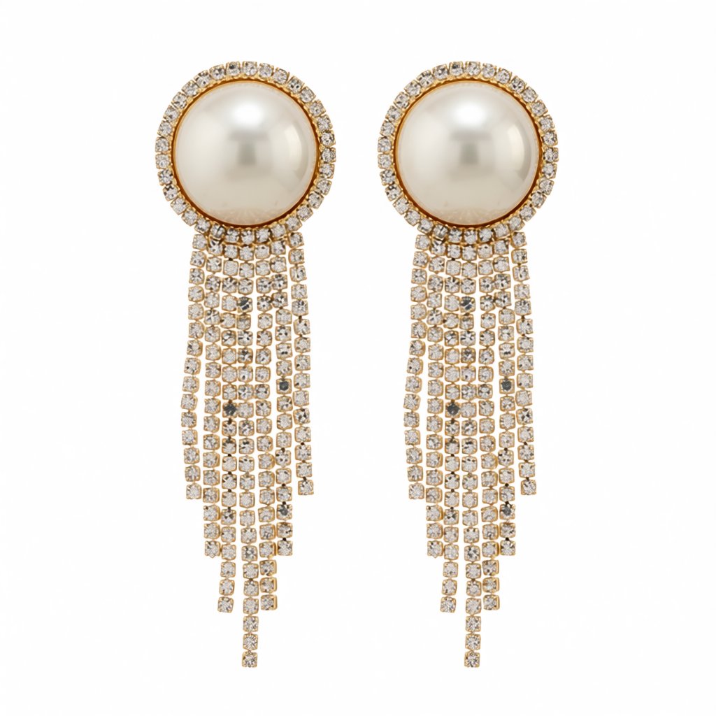 Pearl and Cubic Zirconia 18K Gold-Plated Round Tassel Drop Earrings, gold drop earrings for women, side view