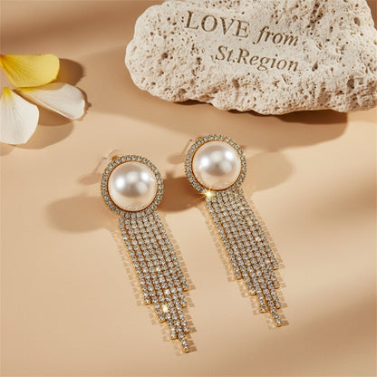 Pearl and Cubic Zirconia 18K Gold-Plated Round Tassel Drop Earrings, gold drop earrings for women, lifestyle look
