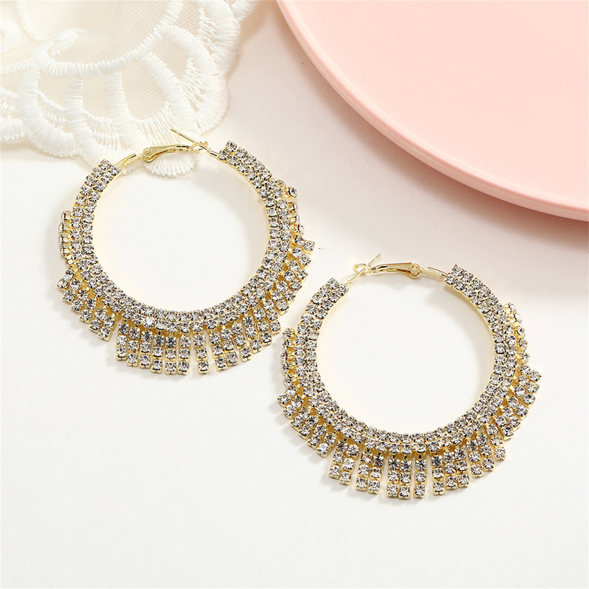 Cubic Zirconia and 18K Gold-Plated Tassel Hoop Earrings, gold drop earrings for women, elegant gift for her, side view