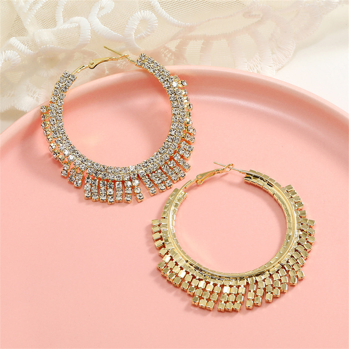 Cubic Zirconia and 18K Gold-Plated Tassel Hoop Earrings, gold drop earrings for women, elegant gift for her, detail close-up