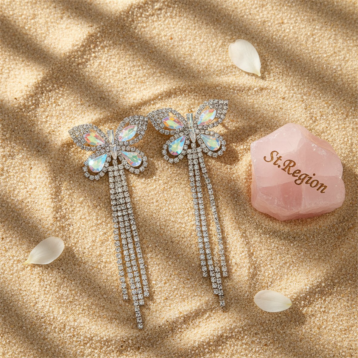 Crystal and Cubic Zirconia Butterfly Tassel Drop Earrings, drop earrings for women, dainty minimalist design, detail close-up