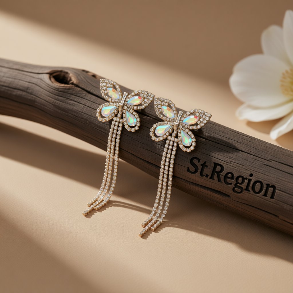 Crystal and Cubic Zirconia Butterfly Tassel Drop Earrings, drop earrings for women, dainty minimalist design, front view