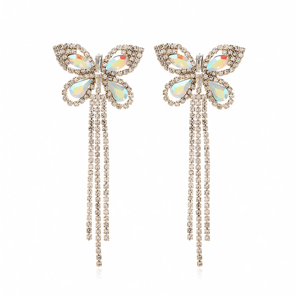 Crystal and Cubic Zirconia Butterfly Tassel Drop Earrings, drop earrings for women, dainty minimalist design, side view