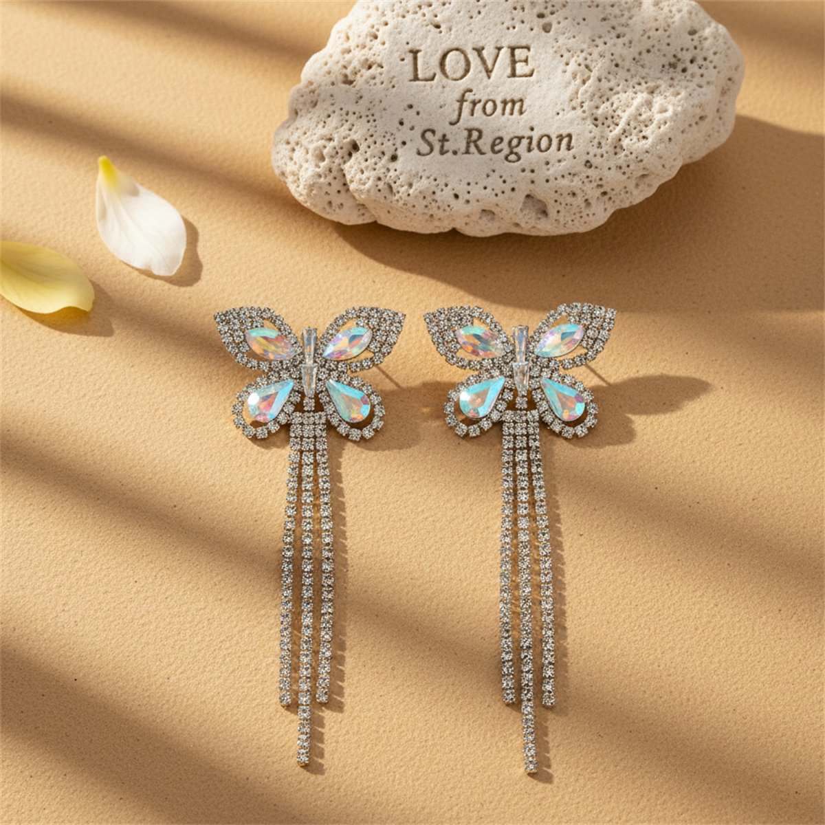 Crystal and Cubic Zirconia Butterfly Tassel Drop Earrings, drop earrings for women, dainty minimalist design, lifestyle look