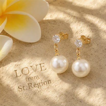 Cubic Zirconia and Pearl Round Drop Earrings, drop earrings for women, elegant gift for her, lifestyle look