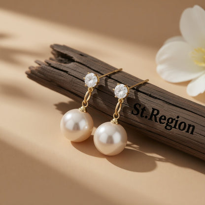 Cubic Zirconia and Pearl Round Drop Earrings, drop earrings for women, elegant gift for her, front view