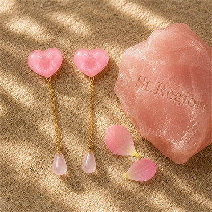 Pink Resin and Crystal 18K Gold-Plated Heart Drop Earrings, gold drop earrings for women, detail close-up