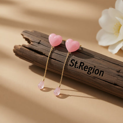 Pink Resin and Crystal 18K Gold-Plated Heart Drop Earrings, gold drop earrings for women, elegant gift for her, front view