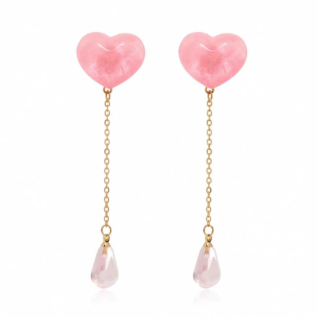 Pink Resin and Crystal 18K Gold-Plated Heart Drop Earrings, gold drop earrings for women, elegant gift for her, side view