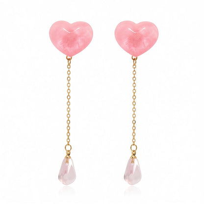 Pink Resin and Crystal 18K Gold-Plated Heart Drop Earrings, gold drop earrings for women, elegant gift for her, side view