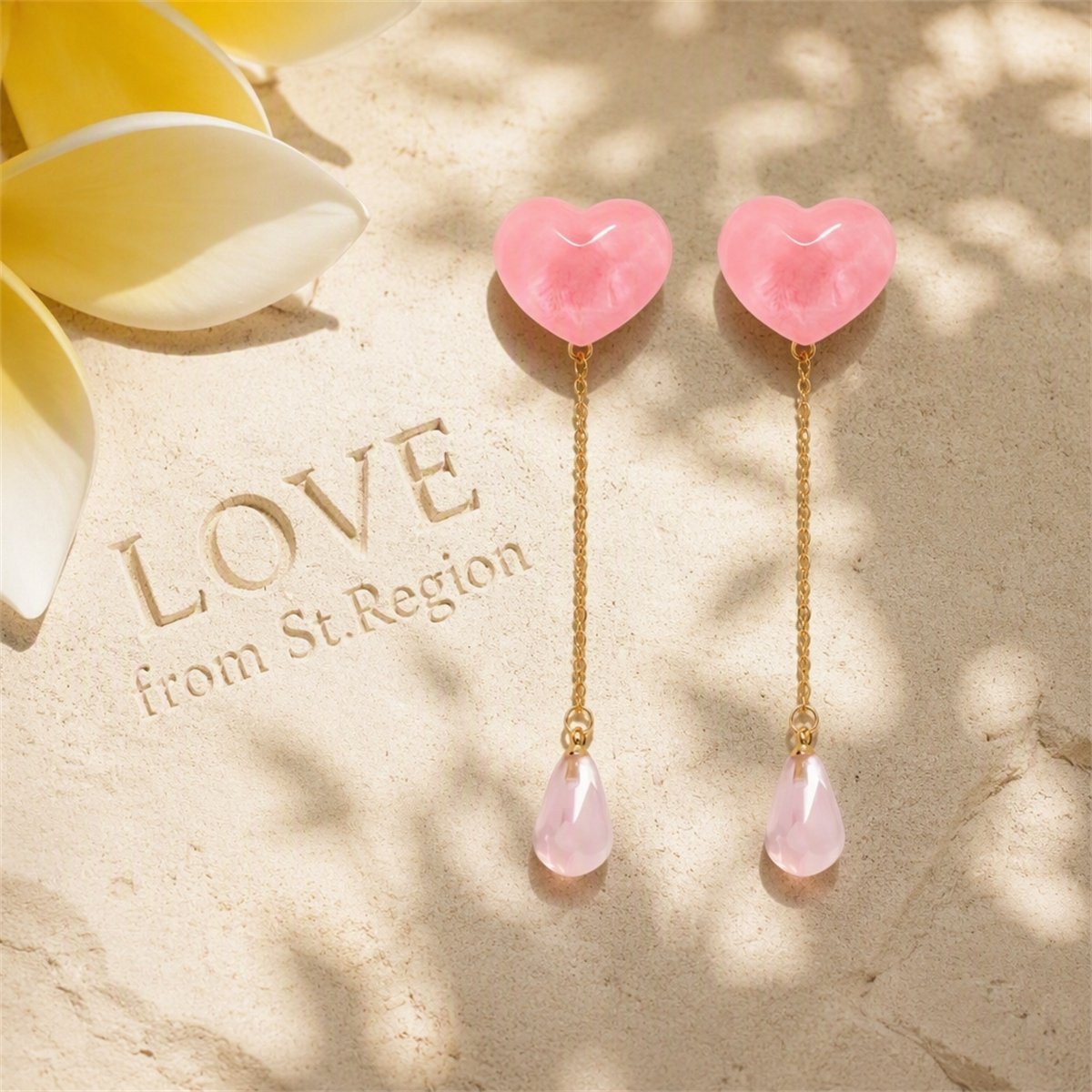 Pink Resin and Crystal 18K Gold-Plated Heart Drop Earrings, gold drop earrings for women, lifestyle look