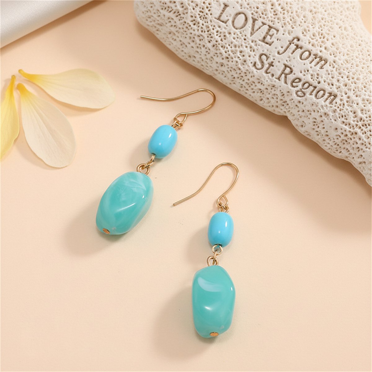 Aqua and 18K Gold-Plated Irregular Stone Drop Earrings, gold drop earrings for women, everyday style, lifestyle look