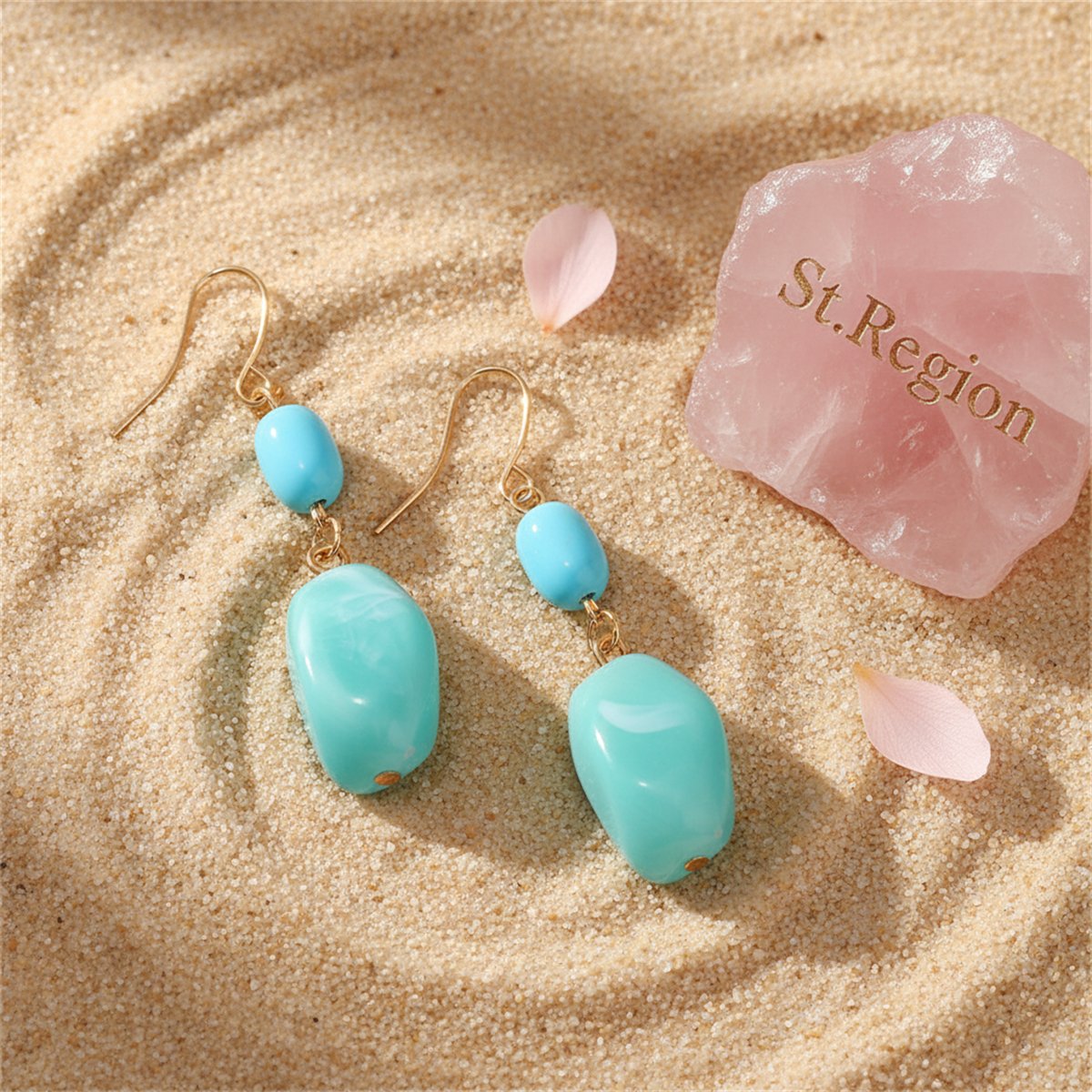 Aqua and 18K Gold-Plated Irregular Stone Drop Earrings, gold drop earrings for women, everyday style, detail close-up