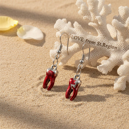 Red Enamel and Silver-Plated Teeth Drop Earring, silver drop earrings for women, everyday style, lifestyle look