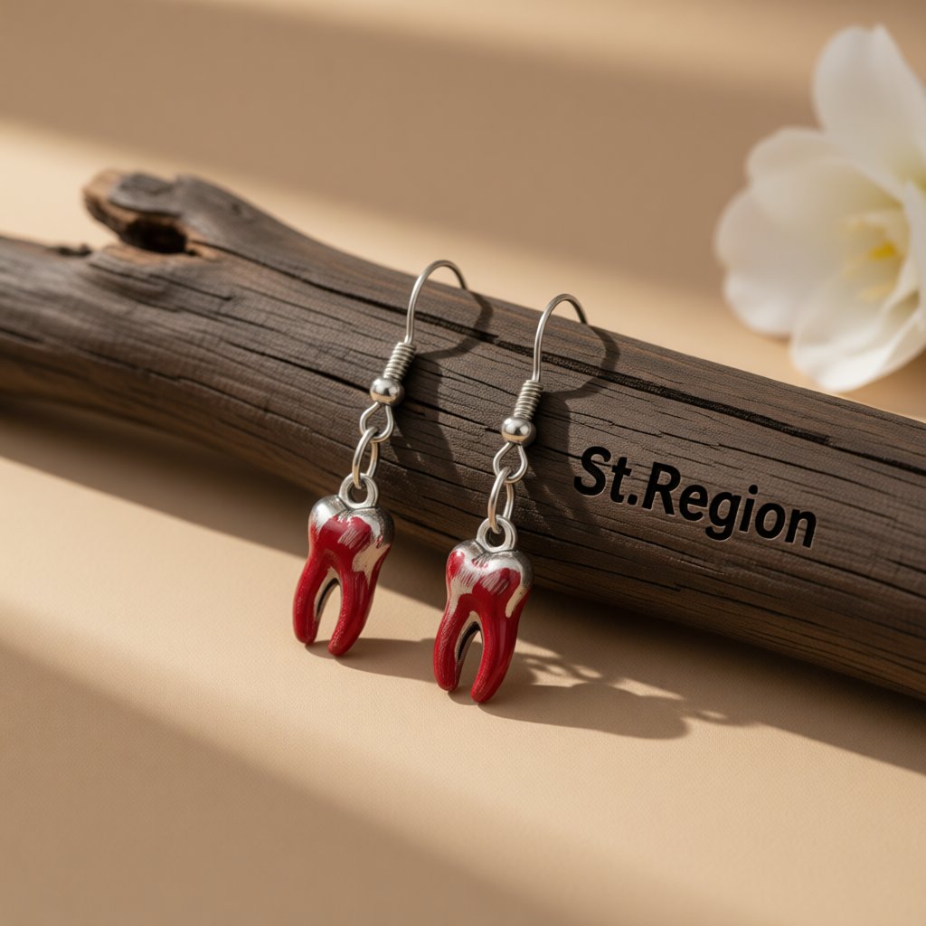 Red Enamel and Silver-Plated Teeth Drop Earring, silver drop earrings for women, everyday style, front view