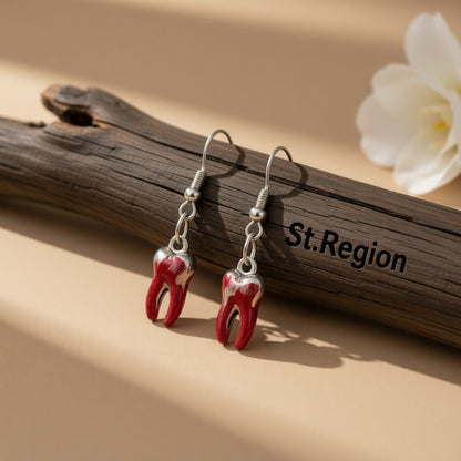 Red Enamel and Silver-Plated Teeth Drop Earring, silver drop earrings for women, everyday style, front view