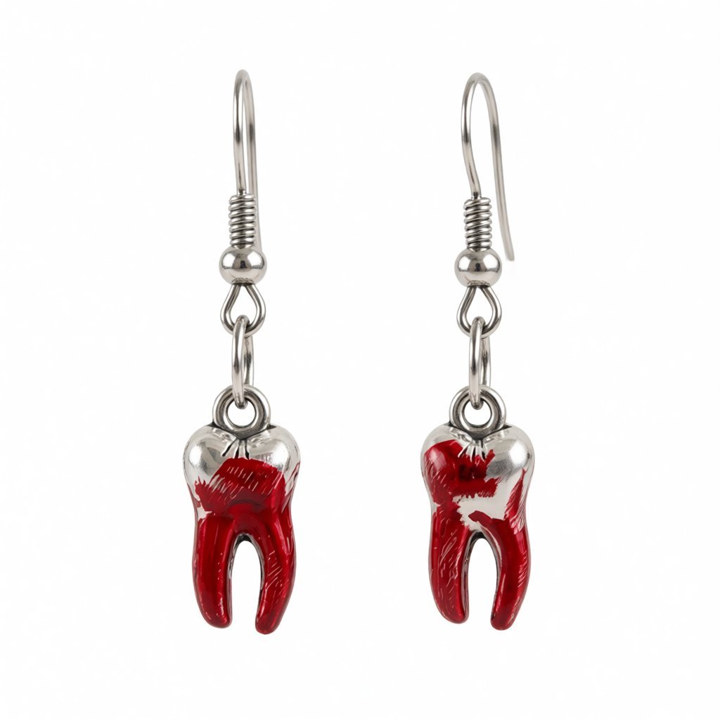 Red Enamel and Silver-Plated Teeth Drop Earring, silver drop earrings for women, everyday style, side view