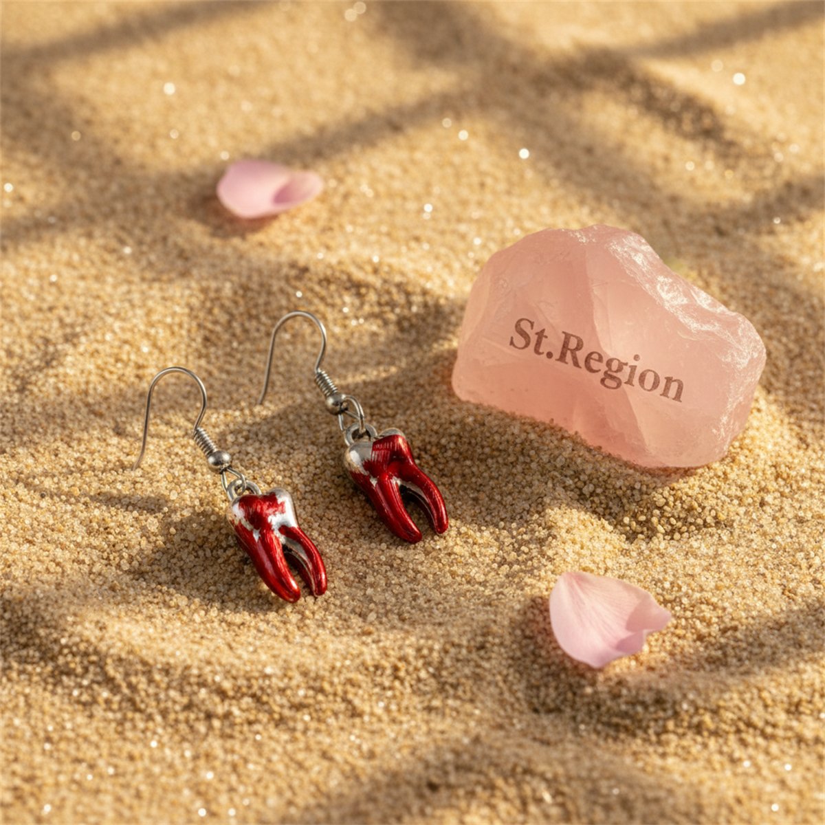 Red Enamel and Silver-Plated Teeth Drop Earring, silver drop earrings for women, everyday style, detail close-up